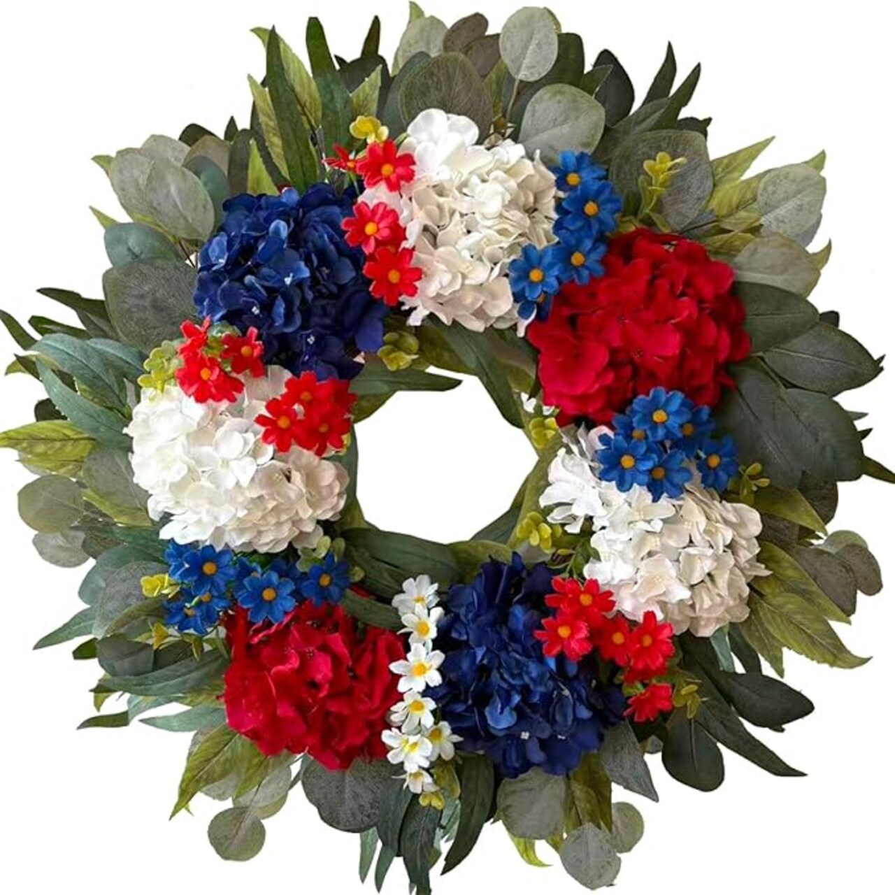 250th Year Patriotic Wreath Decorations, 24 Inch Hydrangea 4th of July Wreaths for Front Door, Red White Blue Spring Door Wreath for Independence Day, Memorial Day for Indoor Outdoor Decor